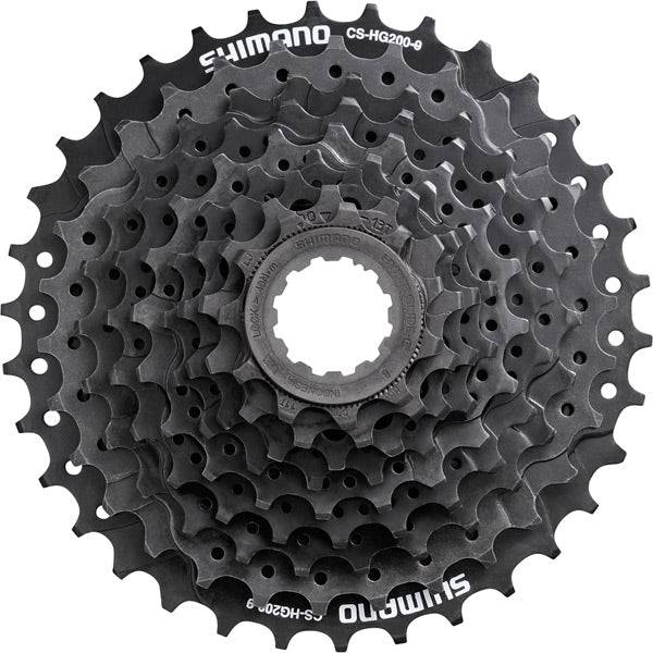Shimano Acera CS-HG201 9-speed bicycle cassette with 11-34T gears on a bike component, designed for smooth shifting.