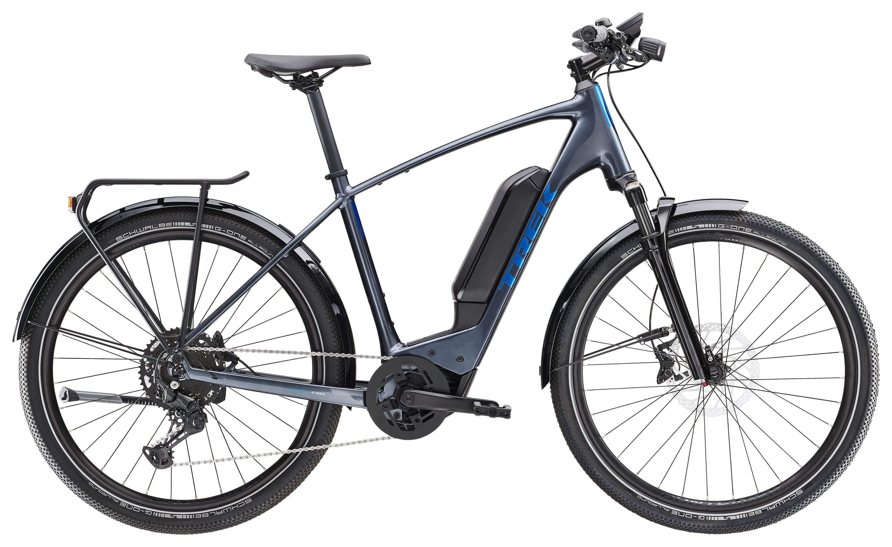 Trek Allant+ 6 electric hybrid commuter bike with pedal assist, featuring sleek frame and ergonomic handlebars.