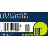Nutrak bike inner tube with Schrader valve, 18 x 1.75-2.125 inch, for bicycle tires, showing the tube and valve in detail.