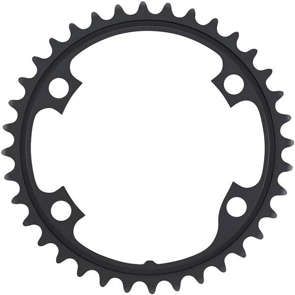 Shimano Ultegra FC-R8000 36T 11-speed inner chainring for road bikes, close-up of black metal component with teeth and branding