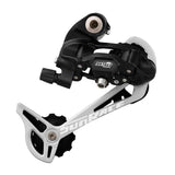 SunRace RDM97 LDB 9-speed mountain bike rear derailleur with long cage, mounted on a bike frame, showcasing gear compatibility.