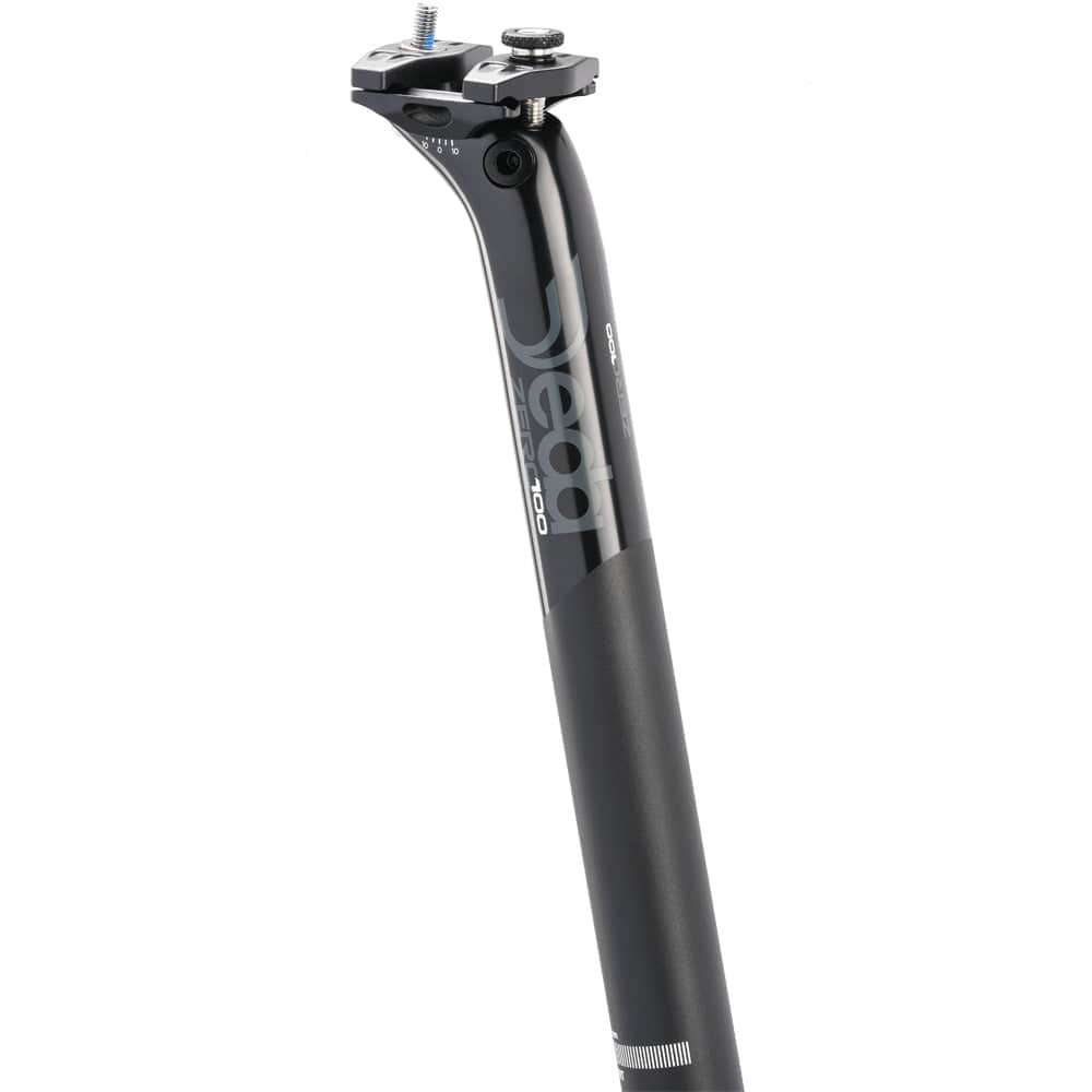 Deda Elementi Zero100 road bike seatpost with 1-bolt clamp in 27.2mm and 31.6mm sizes, showing the sleek design and clamp mechanism.