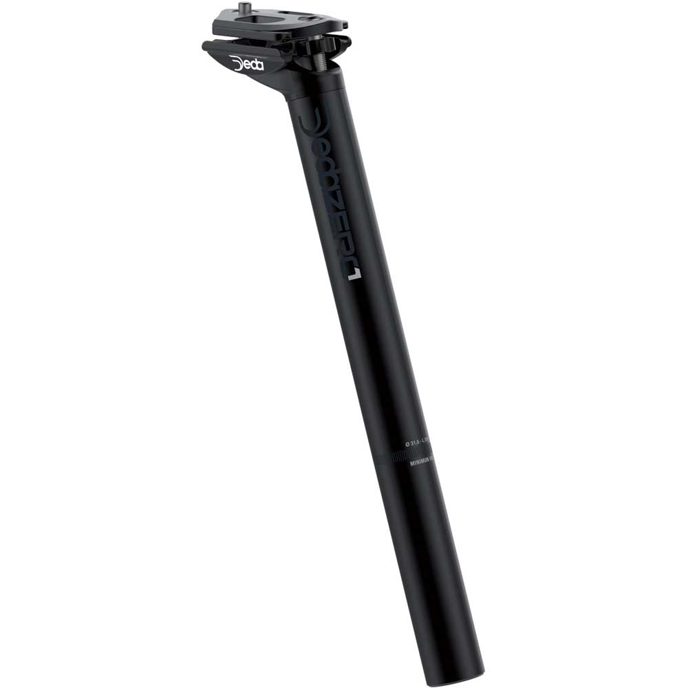 Deda Zero1 alloy seatpost with twin bolt adjustment and Di2 battery adapter for lightweight bike component setup.