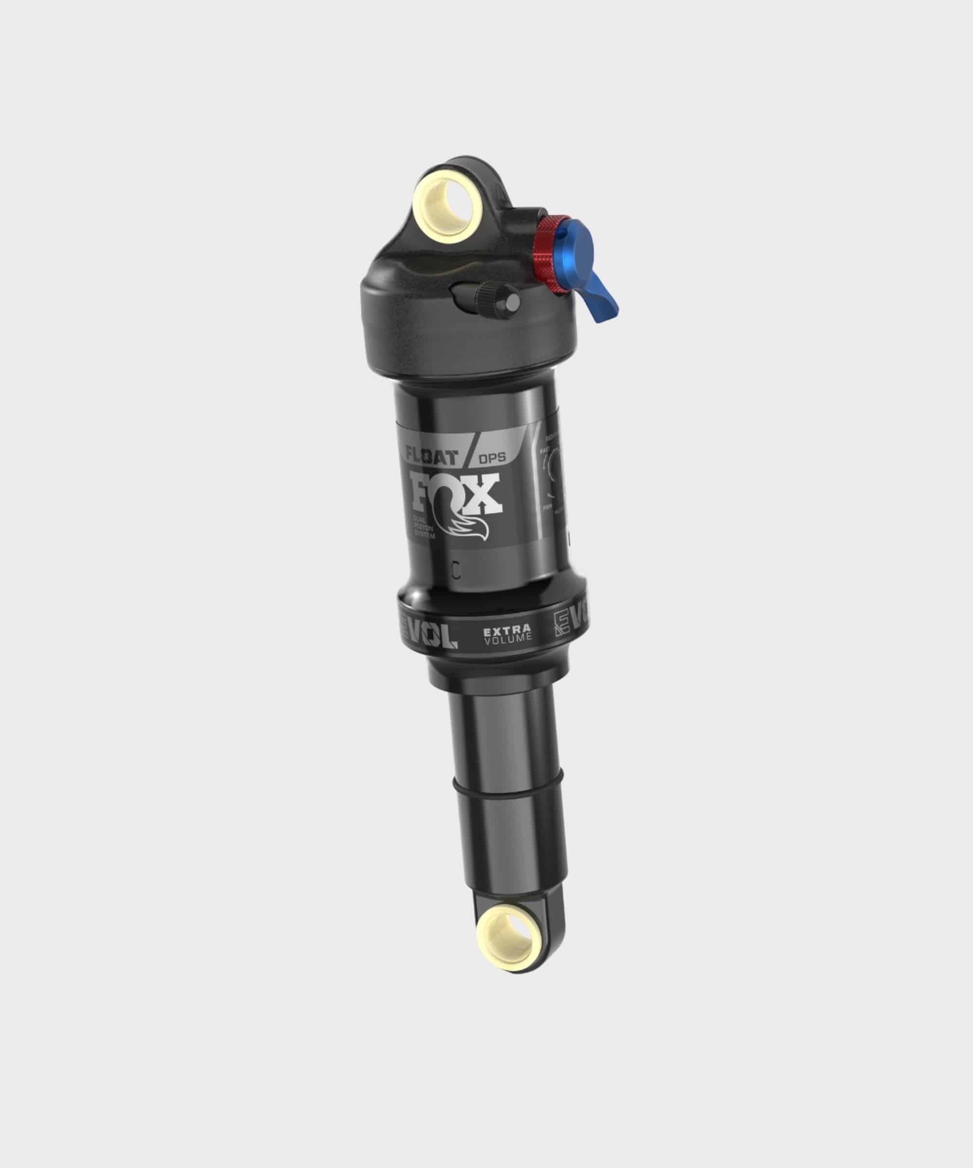 Fox Float DPS Performance rear suspension shock with EVOL air and 3-mode DPS system for mountain bikes, shown from the side.