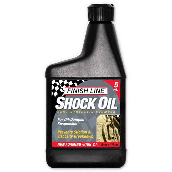 Finish Line Shock Oil 5 wt suspension fluid for bicycle forks, shown in 16 oz bottle, used for bike shock maintenance