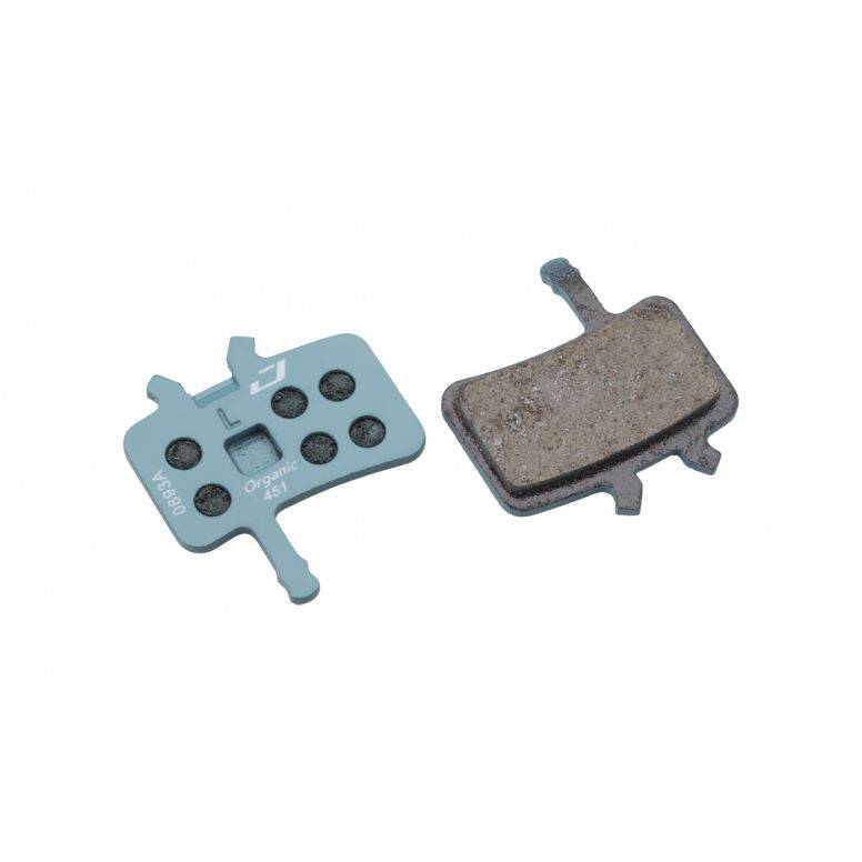 Jagwire Sport Organic Disc Brake Pads for Avid BB7 and Juicy Blue Sport bike models, showing the brake pad components.