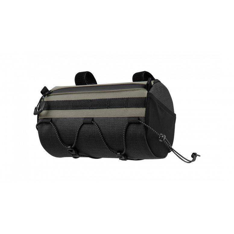 Topeak Tubular Barbag handlebar bag mounted on a bicycle handlebar, water-resistant cycling accessory for storing essentials.