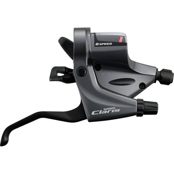 Shimano Claris ST-RS200 8-speed road flat bar shifters with optical gear display, featuring ergonomic design and easy gear control.