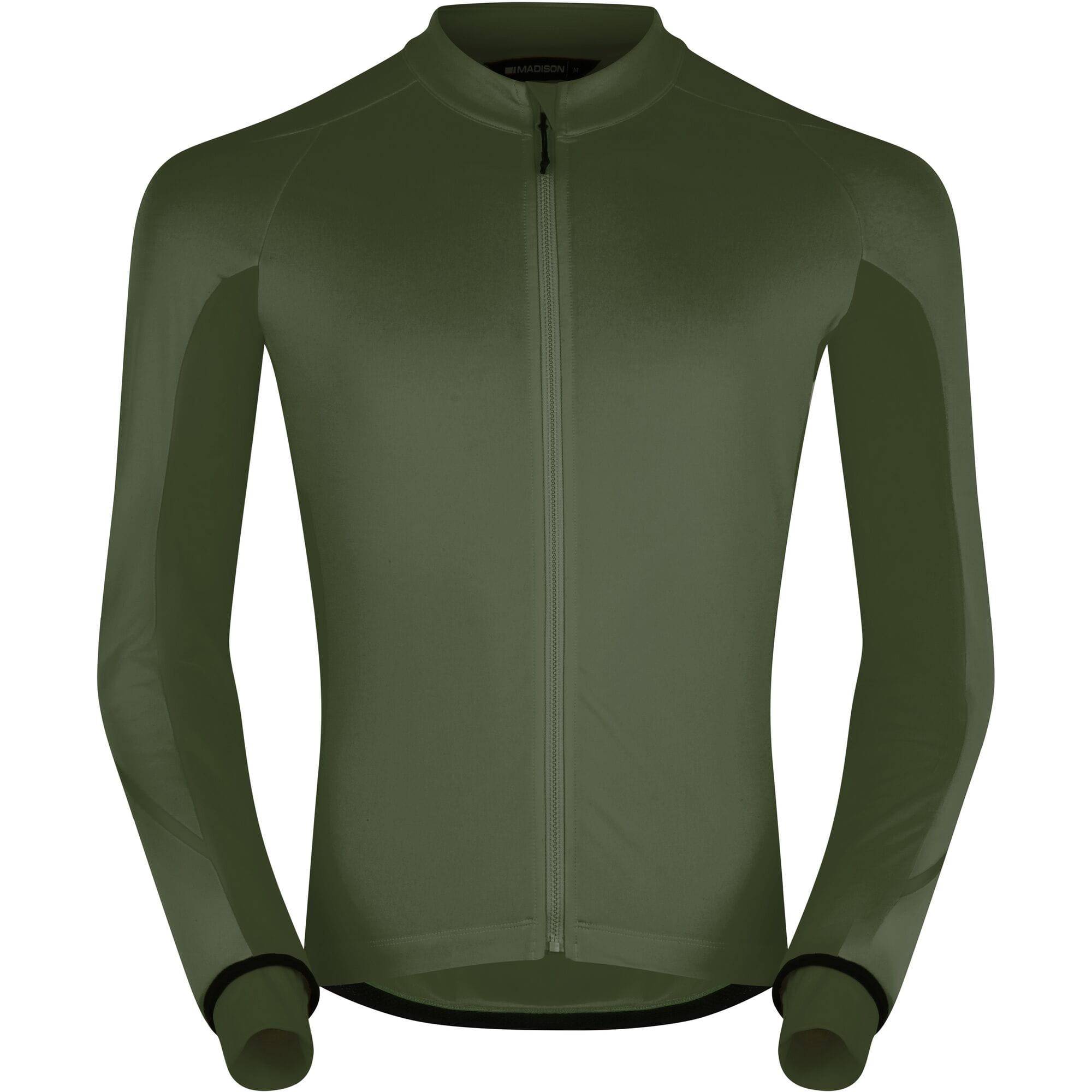 Madison DTE men's thermal cycling jacket with long sleeves, drop tail, and front pockets, designed for cold weather riding.