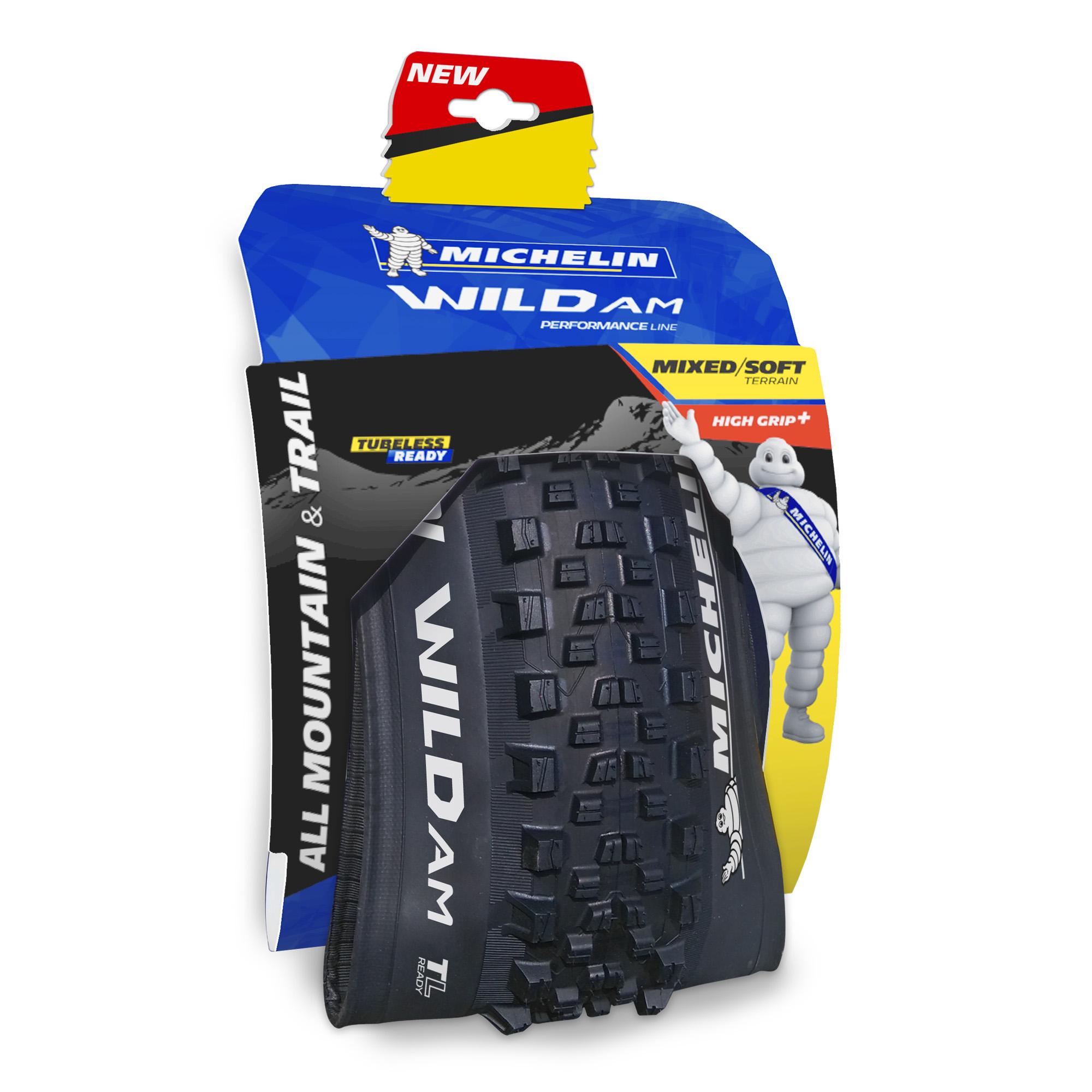 Michelin Wild AM MTB tire with tubeless-ready trail shield casing, designed for rugged mountain biking performance.