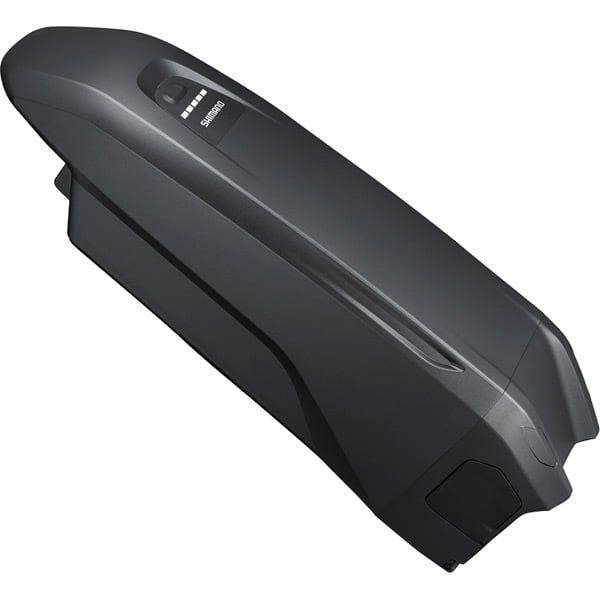 Shimano STEPS BT-E8014 418Wh e-bike battery mounted on down tube, black waterproof component for electric bicycles.