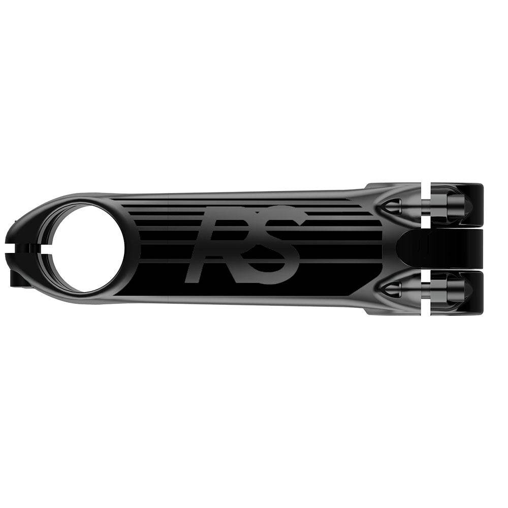 Deda Superzero RS 3D forged aero road bike stem with titanium bolts, showcasing sleek black design and aerodynamic shape.