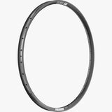 DT Swiss E 593 MTB rim with Presta valve hole, tubeless-compatible enduro mountain bike component, shown with drilled holes for mounting.