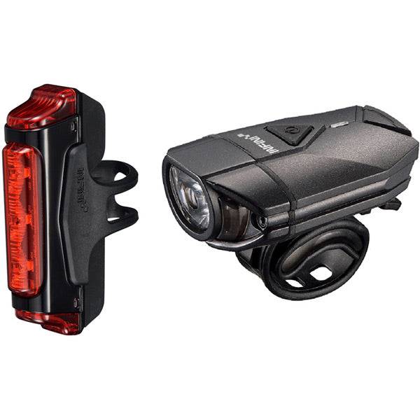 Infini Twin Pack bike lights with Super Lava 300 front light and Sword 30 COB rear light, bright cycling accessories.