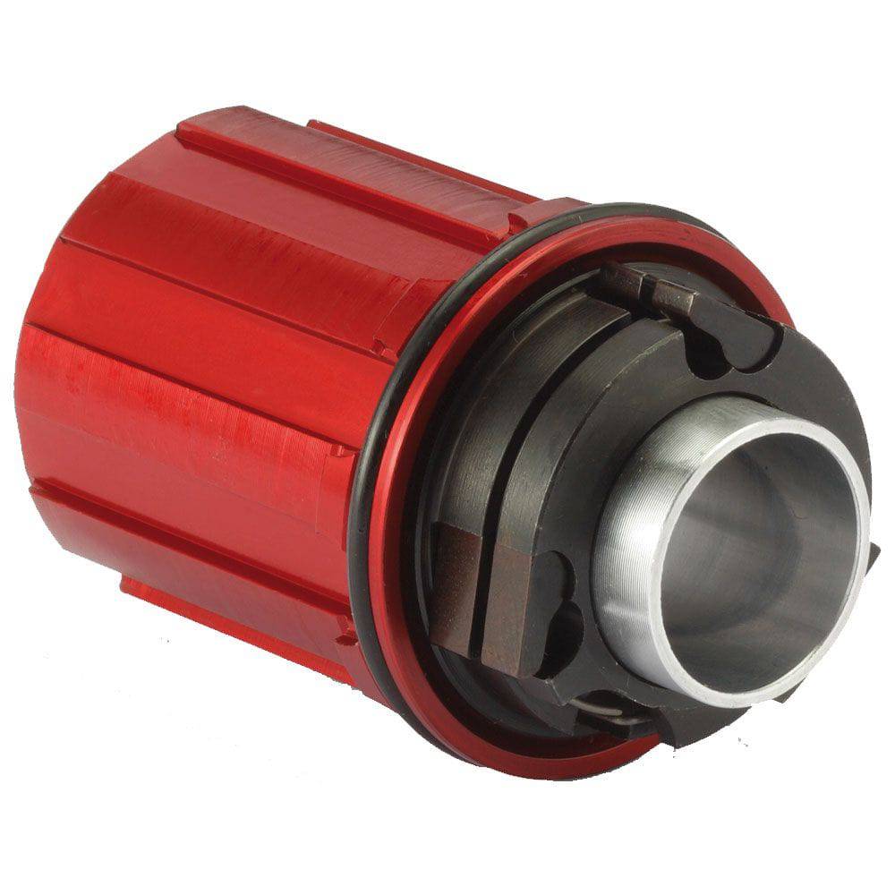 Miche mid-end MTB freehub body compatible with Shimano and Sram cassettes, shown on a bicycle wheel hub component.