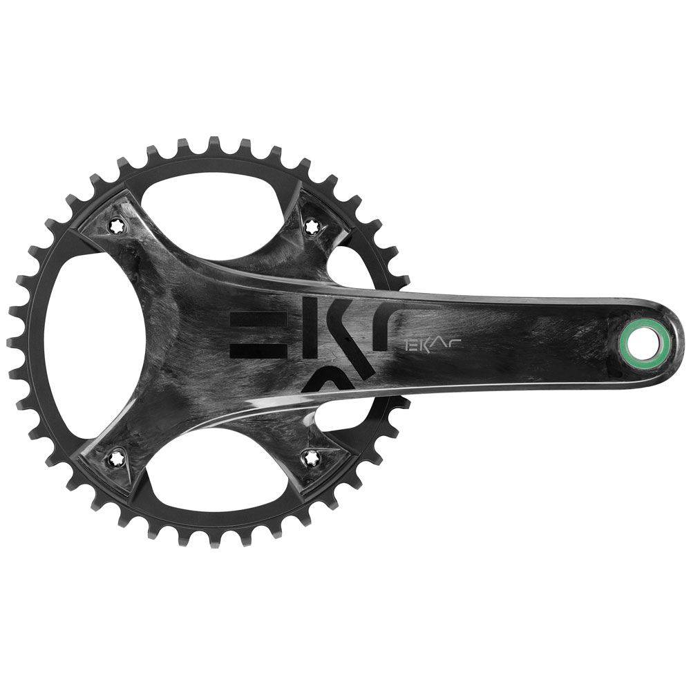 Campagnolo Ekar 13X gravel and all-road bike crankset with chainring, black crank arms, and chainring bolts on a gravel bike.