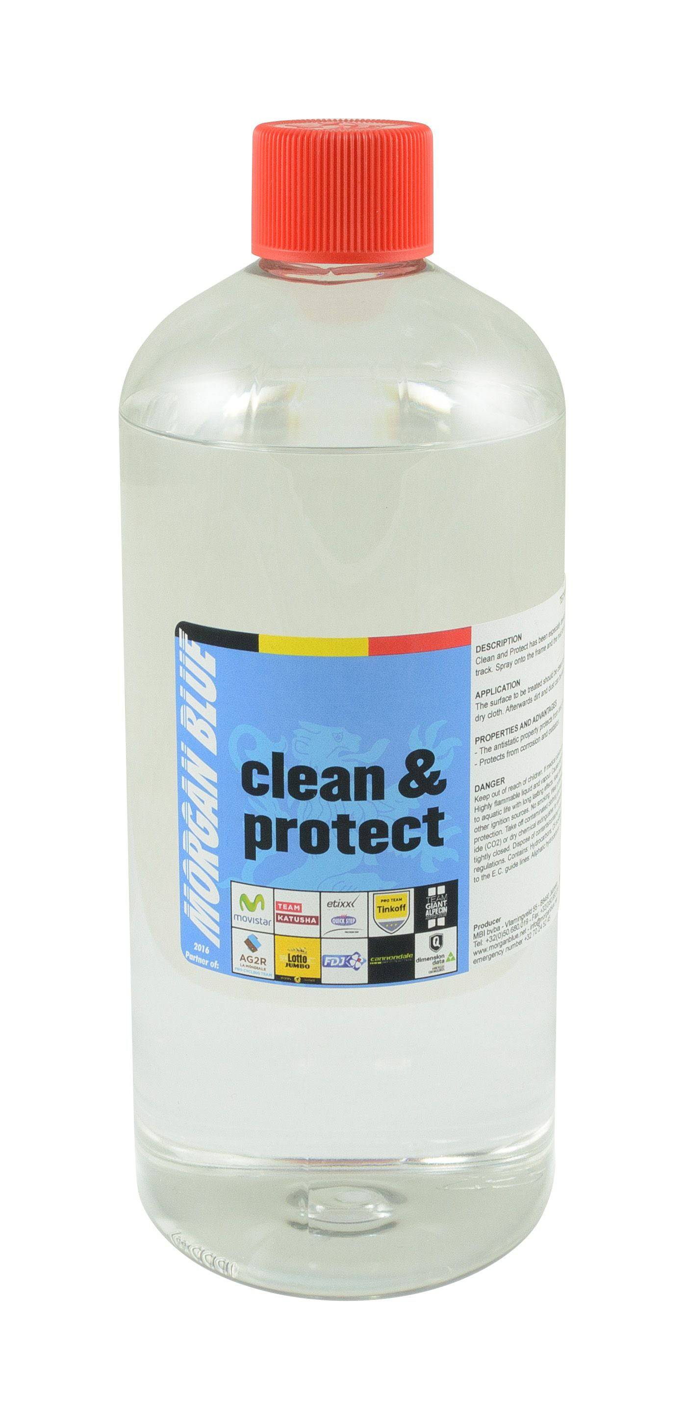 Morgan Blue Clean & Protect bike frame spray for MTB and cyclocross, shown in a workshop setting with spray bottle and bike frame.