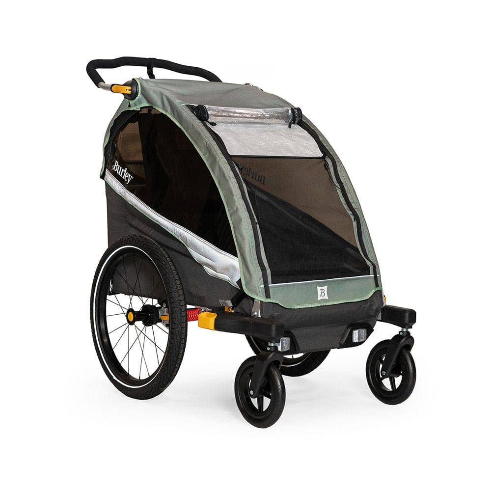 Burley D'Lite X single bike trailer and stroller with adjustable suspension, shown with its sturdy frame and safety features.