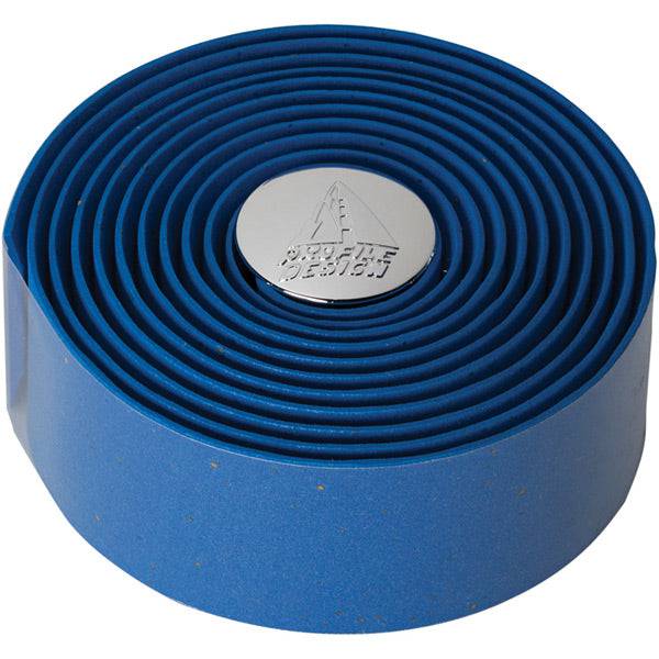 Profile Design blue cork handlebar tape for bikes, showcasing durable and comfortable grip wrap with textured surface.