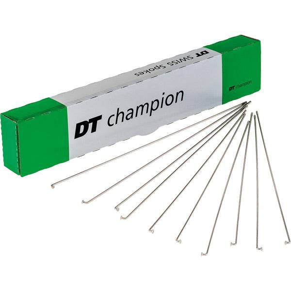 Set of 14g DT Swiss Champion Silver Spokes for bicycle wheels, 308mm length, in a box of 100 durable wheel components.