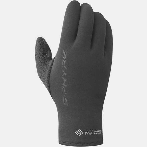 Shimano S-PHYRE thermal cycling gloves with WINDSTOPPER® windproof technology, unisex design, showing black gloves with textured palms.