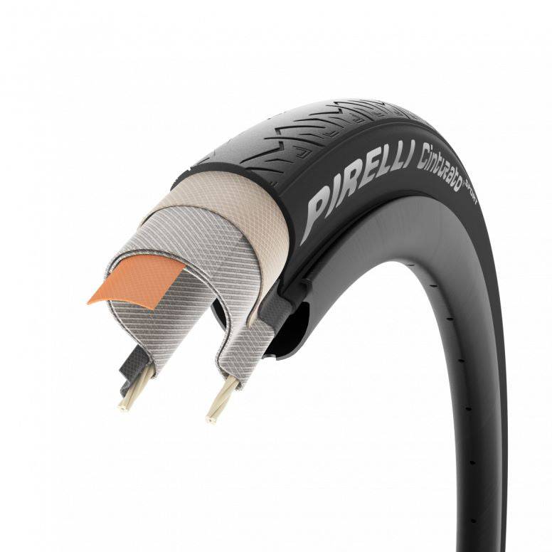 Pirelli Cinturato Sport Tube-Type Clincher Tyre with puncture protection for road bikes, featuring a sleek black tread pattern.
