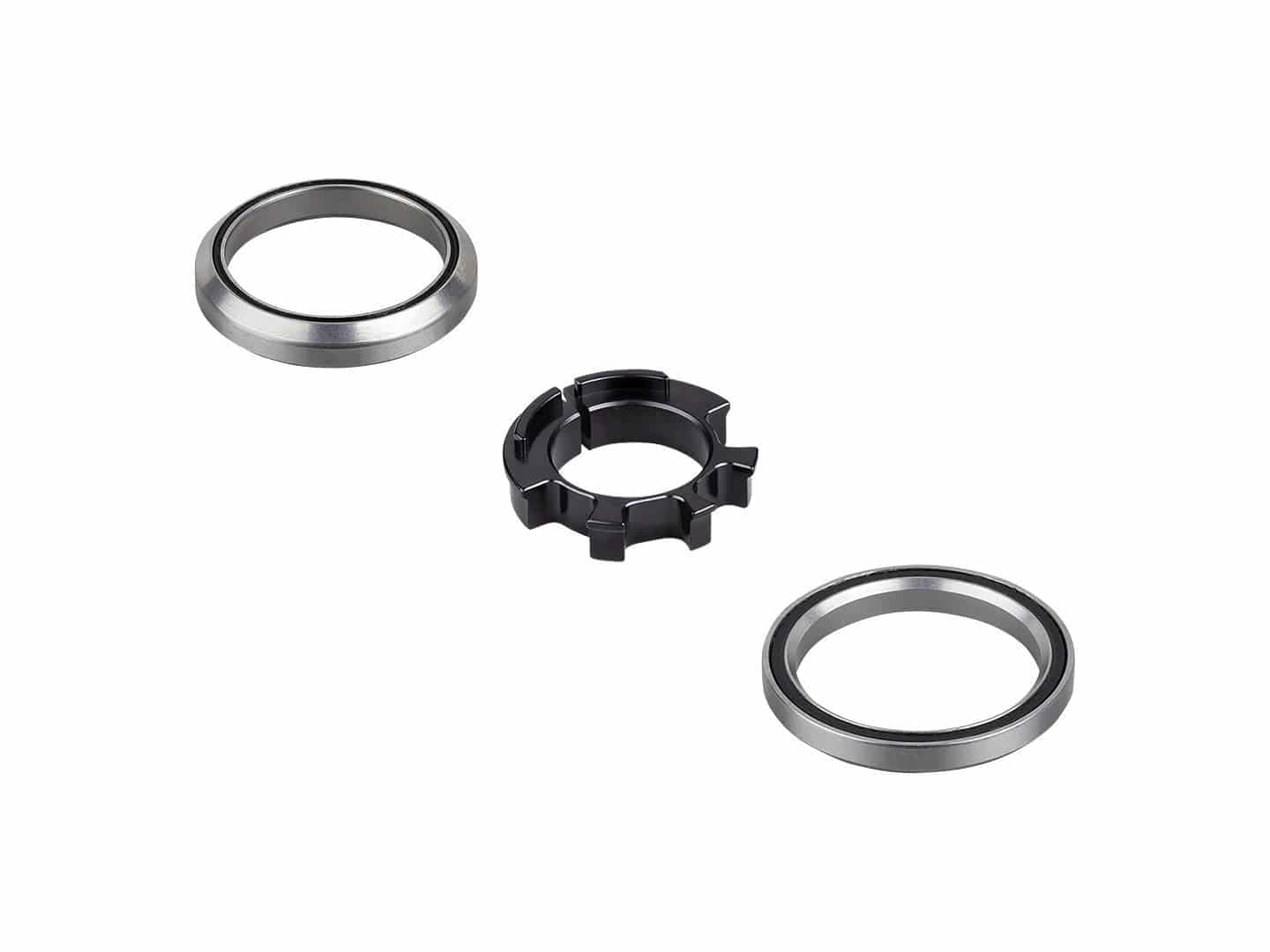 Black Bontrager Allant+ 9.9 Zouma Supreme+ 28.6mm bike headset component showing the headset's top view and branding details.
