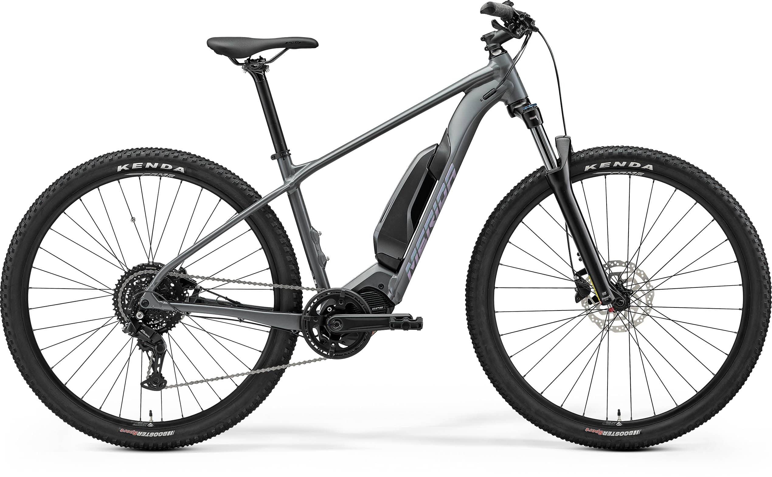 Merida eBig Nine 300 SE MY26 electric mountain bike with Shimano EP5 motor and full suspension, shown outdoors on trail