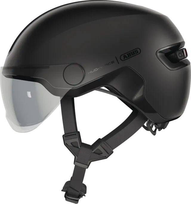 ABUS HUD-Y ACE urban cycling helmet with adjustable visor and rechargeable rear LED light, designed for safe city riding.