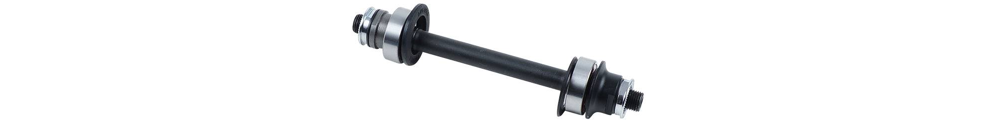Bontrager Race Road Bike Axle Kit with 130mm old, black and silver, front and rear components for road bike wheels.