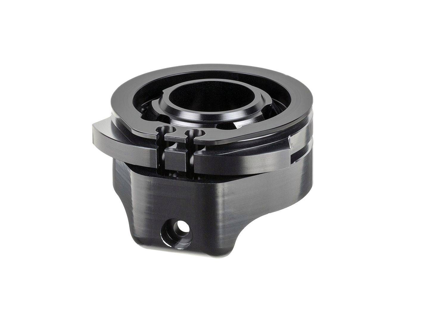 Black Trek Fetch+ 4 front steering disc bike component with cargo box and steering mechanism for bike navigation and control.