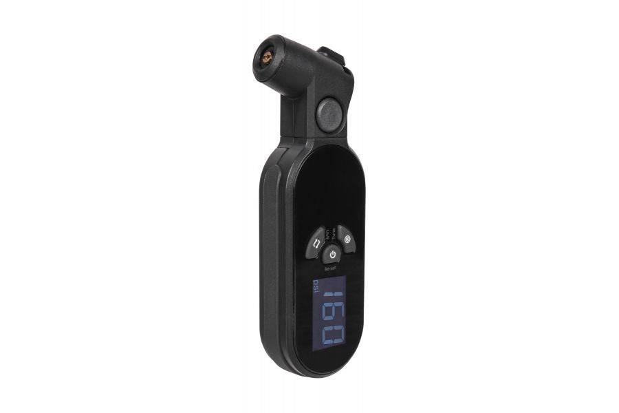 Topeak Smart Gauge D2X digital tire pressure gauge with Presta, Schrader, and Dunlop valve adapters, showing digital display.