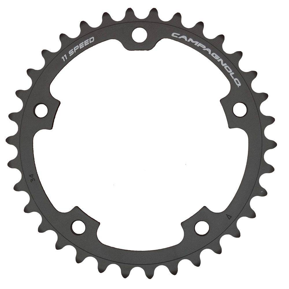 Campagnolo 11X 110 34T chainring for S-Rec, Rec, Chor groupsets, showing the black alloy component with gear teeth.