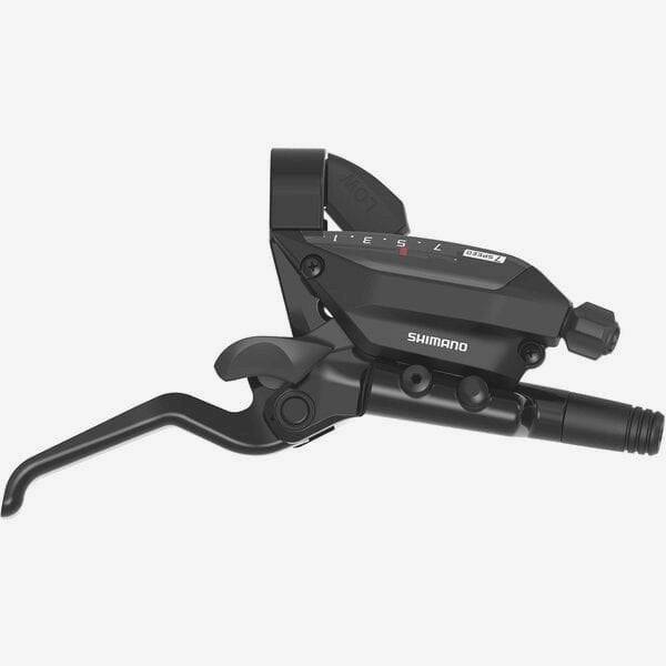 Shimano ST-EF515 EZ Fire Plus right hand 7-speed MTB hydraulic disc brake STI lever in black, mounted on mountain bike handlebar.