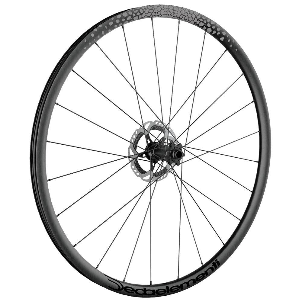 Deda Gera Gravel alloy tubeless-ready wheels compatible with Campagnolo, Shimano, and Sram, shown with close-up of rim and spokes.