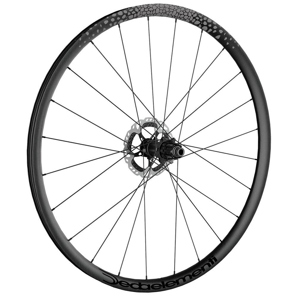 Deda Gera Gravel alloy tubeless ready wheels compatible with Campagnolo, Shimano, and Sram, shown with spokes and hub detail.