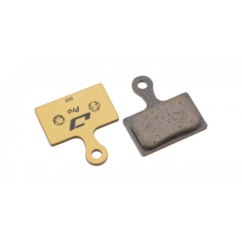 Jagwire Pro semi-metallic disc brake pads for Shimano and RideRever road bikes, showing the brake pad components.