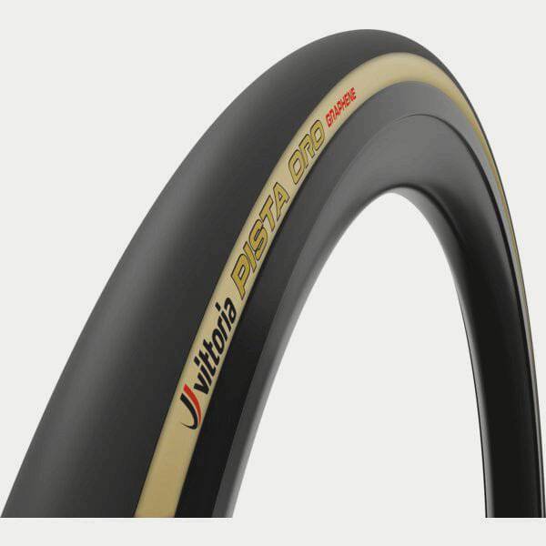 Vittoria Pista Oro 23-28" black tan folding tubeless-ready track tyre for cycling, shown in black with tan sidewalls.