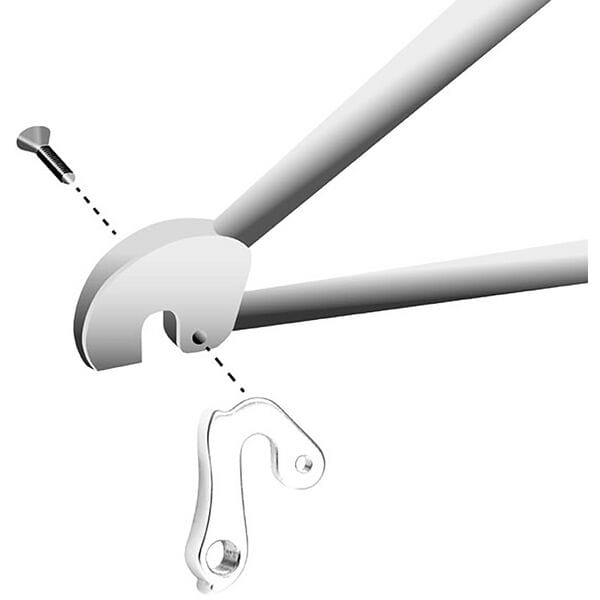 M Part gear hanger for Scott bikes, durable replacement bike frame protector, made of sturdy components, shown on bike frame.