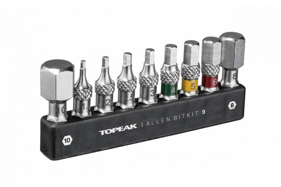 Topeak Allen Bitkit 9-piece Torx bit set with black and silver organizer for bike repair tools and workshop use