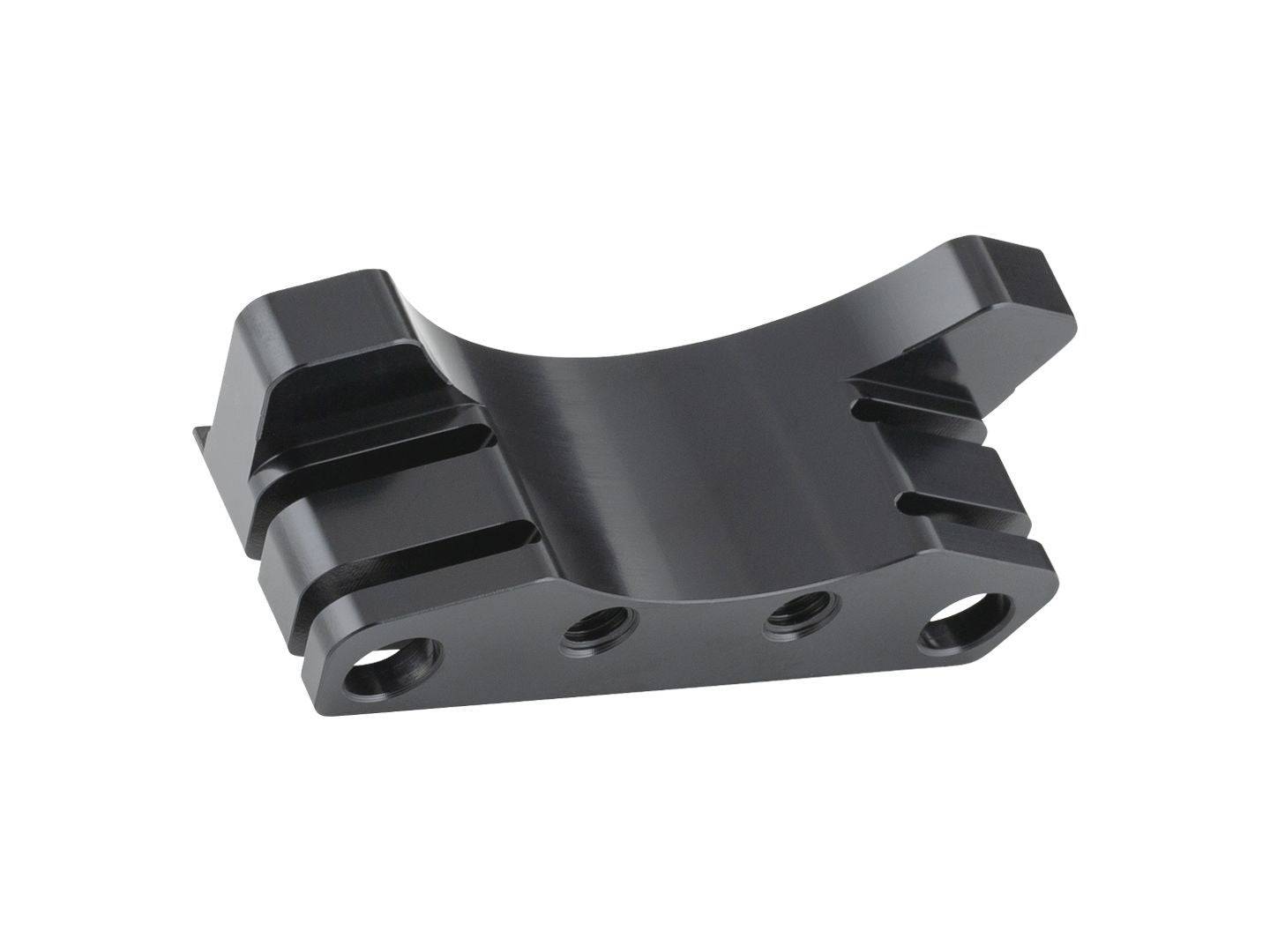 Black Trek Fetch+ 4 front steer cable mount for bike's front steering component, with visible mounting hardware on a bicycle part.