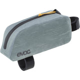 EVOC waterproof top tube bike bag with secure mounting and reflective logo, designed for cycling accessories and storage.