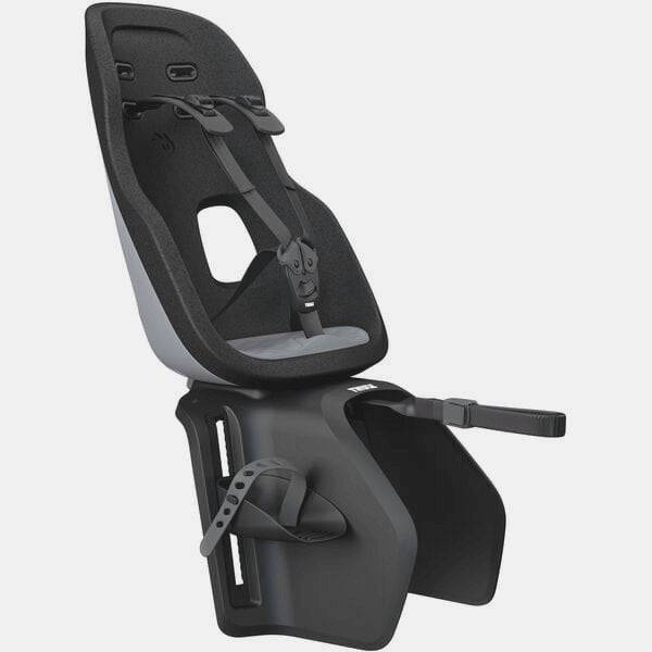 Thule Yepp Nexxt 2 Maxi rack mount child bike seat with safety straps and padded seat for kids, designed for bike accessories.