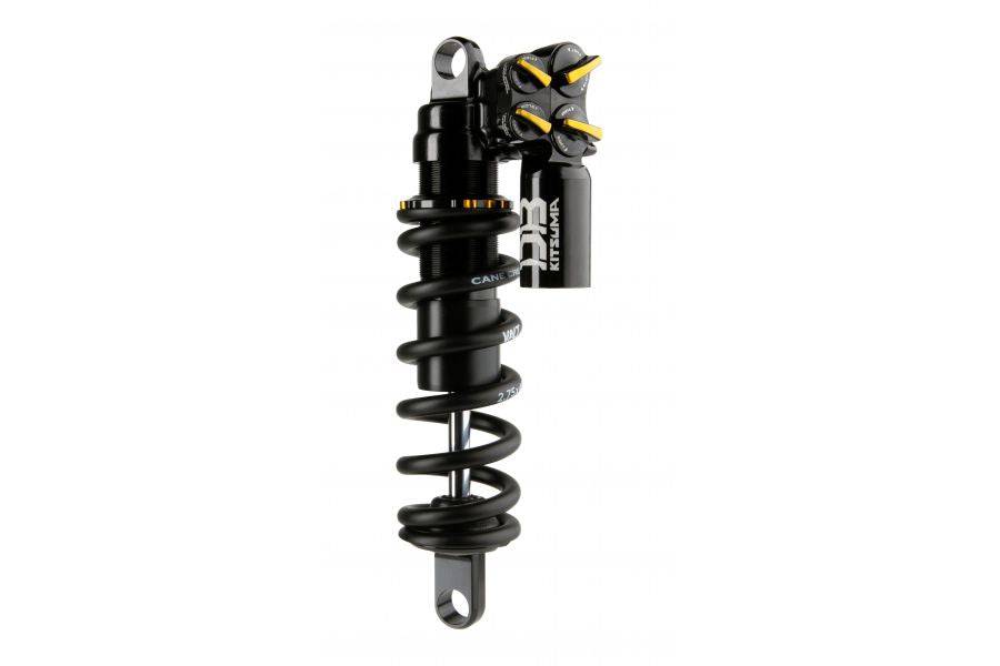 Cane Creek Kitsuma Coil rear shock with tool-free adjustment and 3-position climb switch for mountain bike suspension.