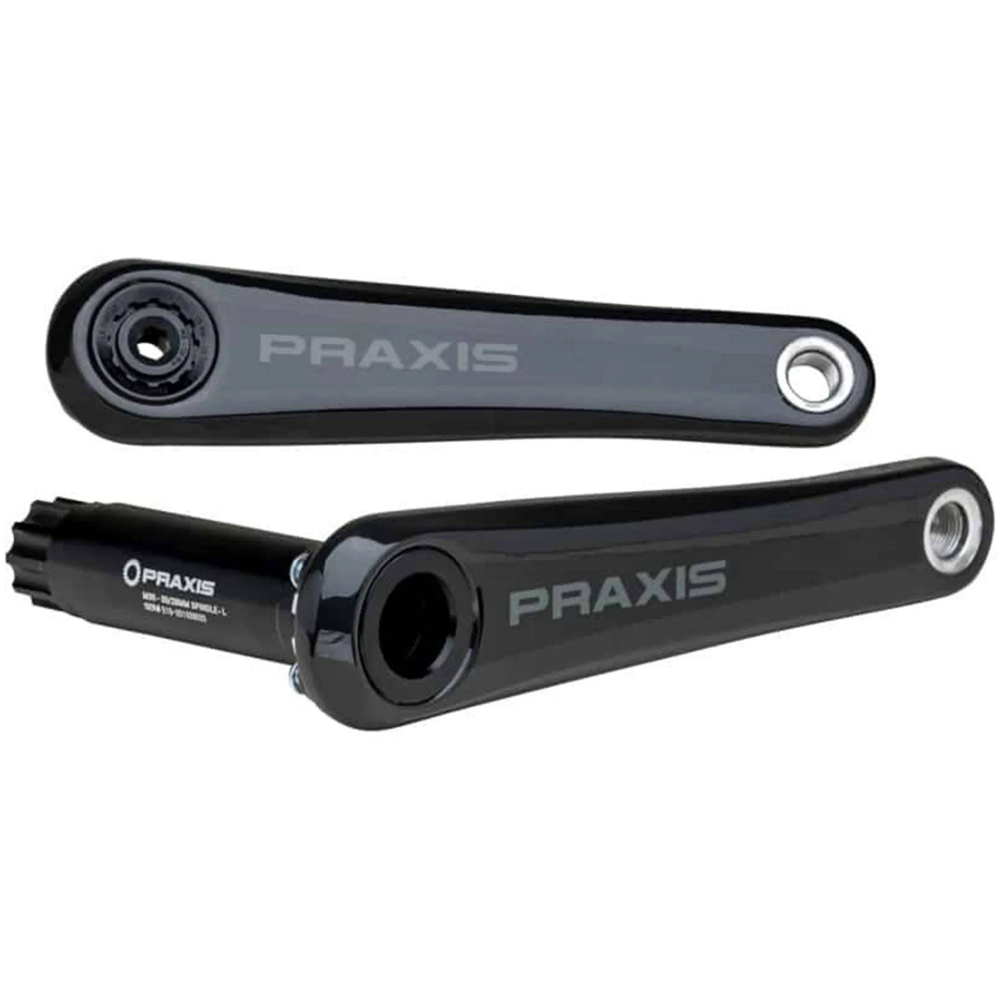 Praxis Works Zayante Carbon Armset for MTB transmission system, showing lightweight, black carbon crank arms with branding.