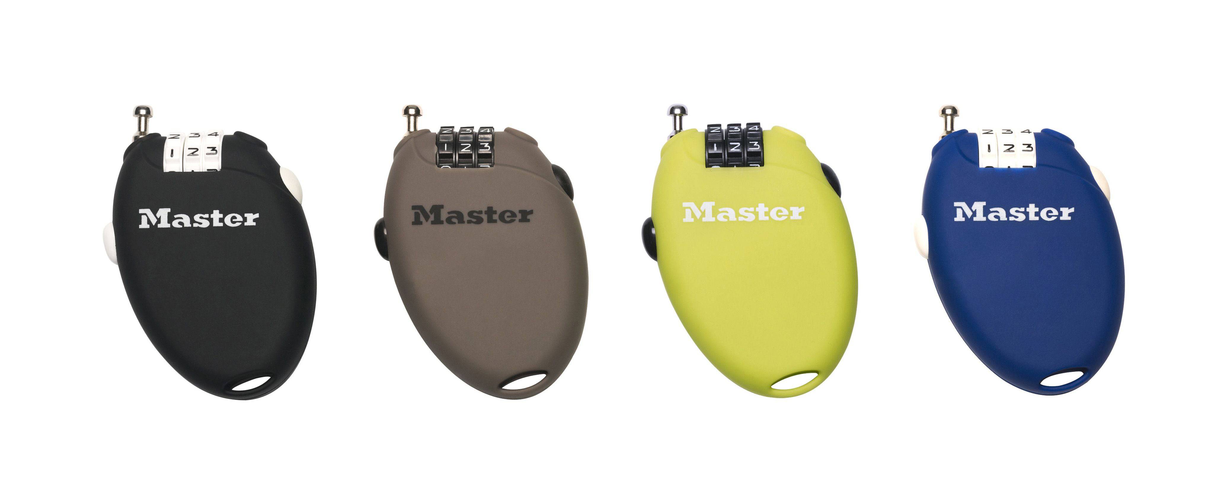 Master Lock 4-pack retractable cable locks with 70cm length and 3-digit combination, featuring colorful protective covers.