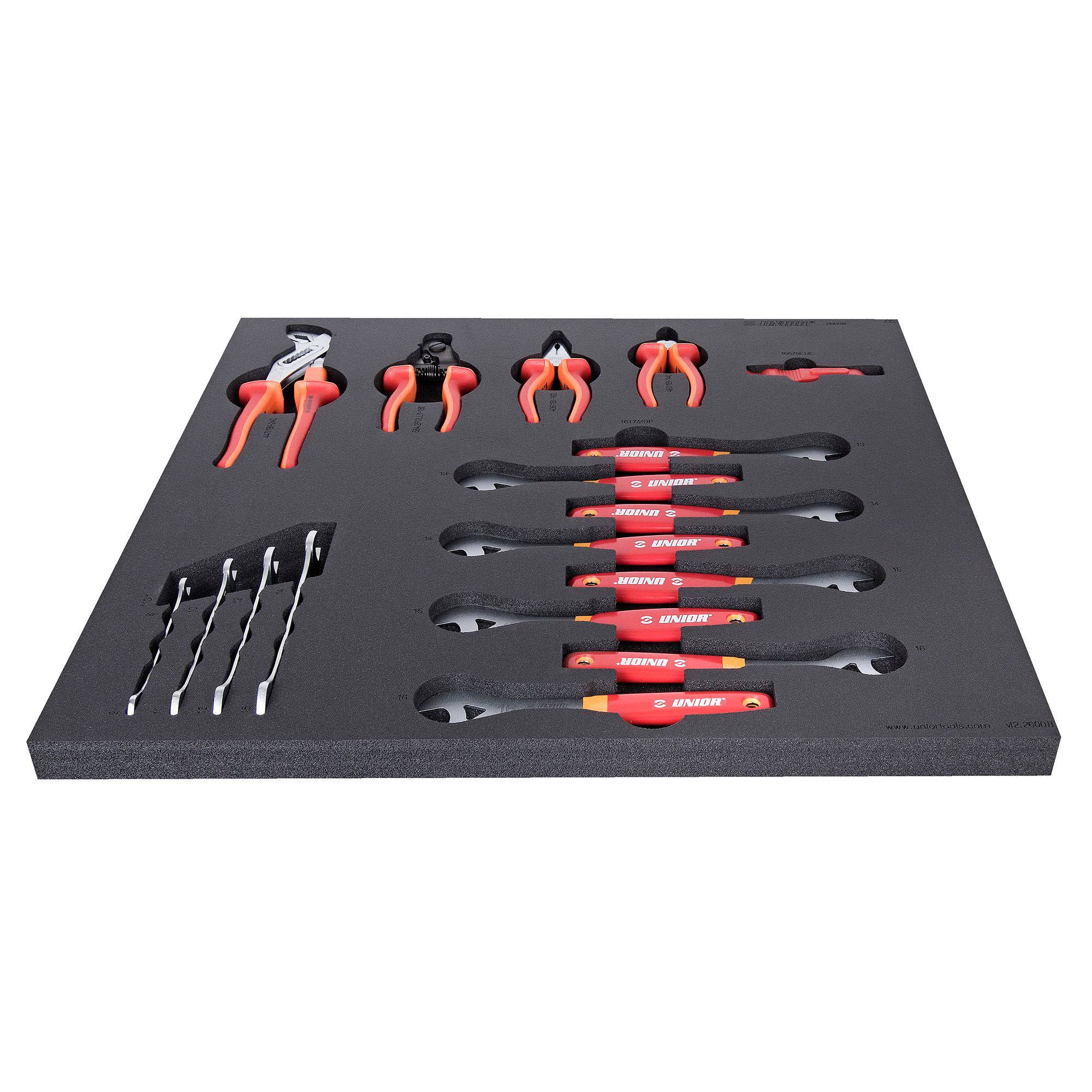 UNIOR workshop tool set in tray with pliers, wrenches, and tire levers in red for 2600B model, organized in a tray.