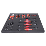UNIOR workshop tool set in tray with pliers, wrenches, and tire levers in red for 2600B model, organized in a tray.