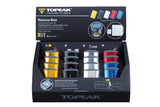 Topeak Rescue Box countertop display with 16 black water-resistant aluminium repair boxes for workshop organization.