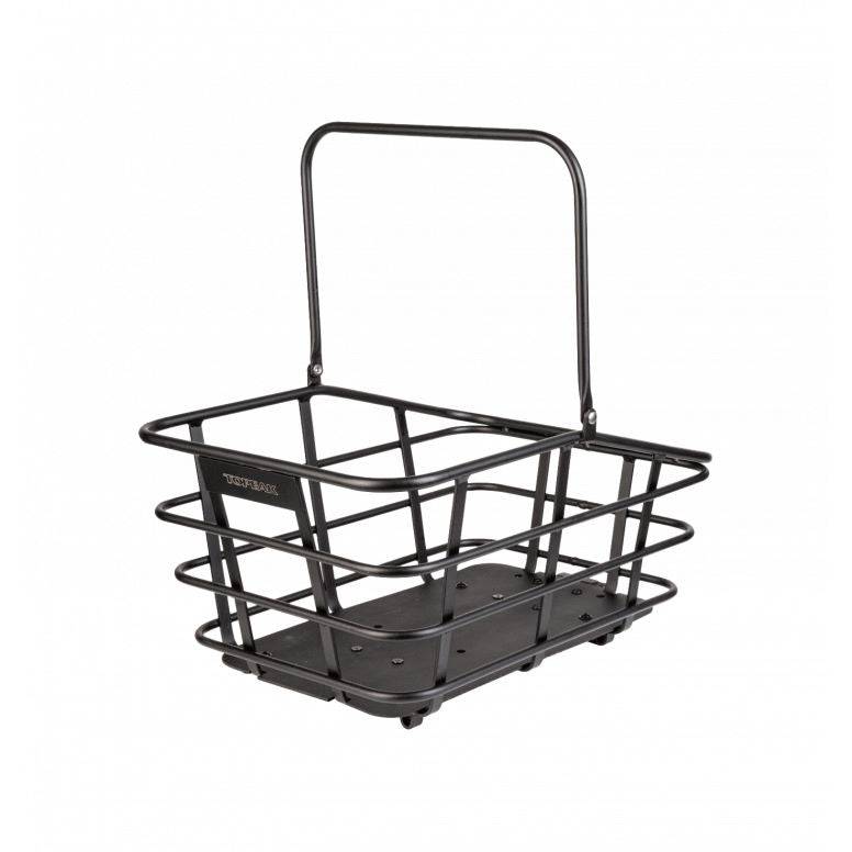 Topeak Urban Basket DX pannier bag for MTX QuickTrack, MIK, and Racktime racks, shown attached to bicycle rack.